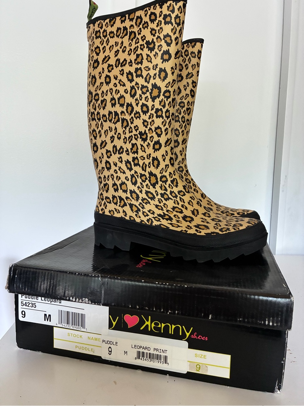 Penny Loves Kenny Leopard Print Tan and Black Rain Boots
